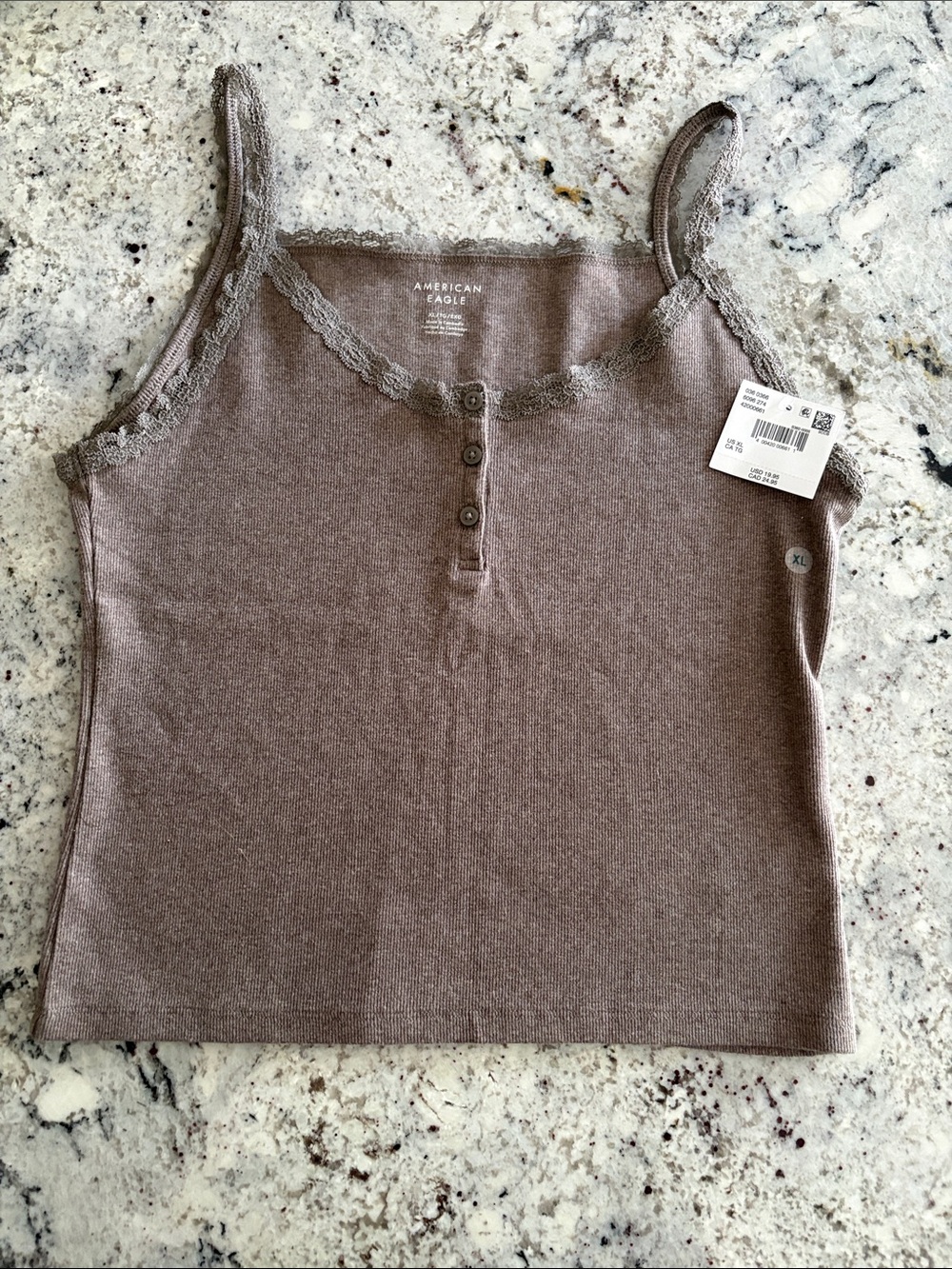 American Eagle Outfitters Lace-Trim Henley Cami - Taupe